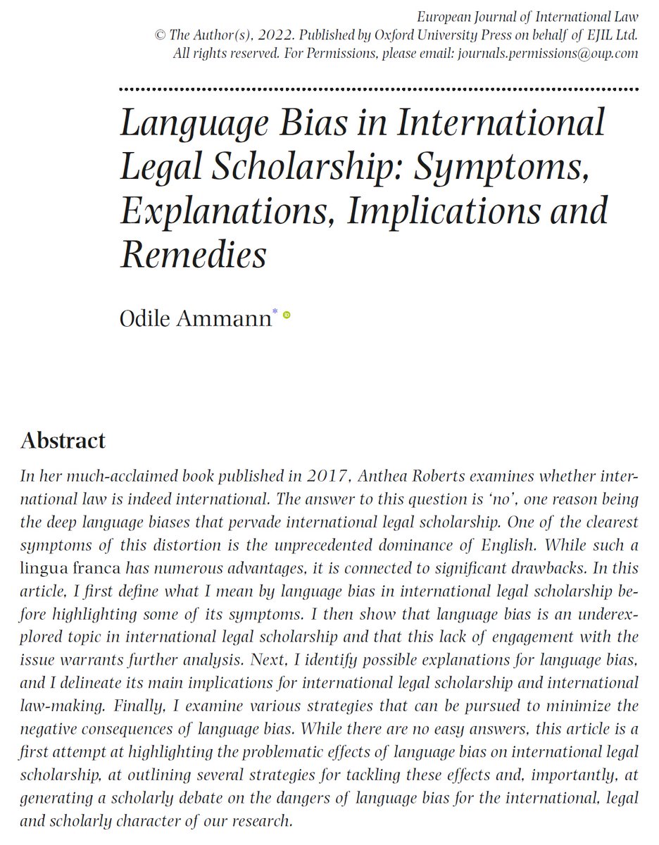 Language bias is an underexplored topic in international legal scholarship - and yet, it has crucial implications for the international, legal, and scholarly character of our work. This piece tries to shed more light on the issue. It is available at bit.ly/3BtggkJ 1/2