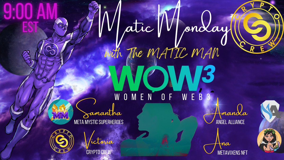 Hrmkingnuel's tweet photo. ✨✨In anticipation of the October 1st Mint of the @cryptocrewnfts, start your week  with by listening to #MaticMonday with @thematicman, @cryptocrewnfts and #WomenofWeb3 ♀️🤗😍
👉Join: https://t.co/k51tdAWg1A
♀️♀️Tag a #Web3Lady 
@iamcharis_ 
@iamveektoria 
@AdaEhugbo 
@Adazoee https://t.co/G7Y2PA9H3s