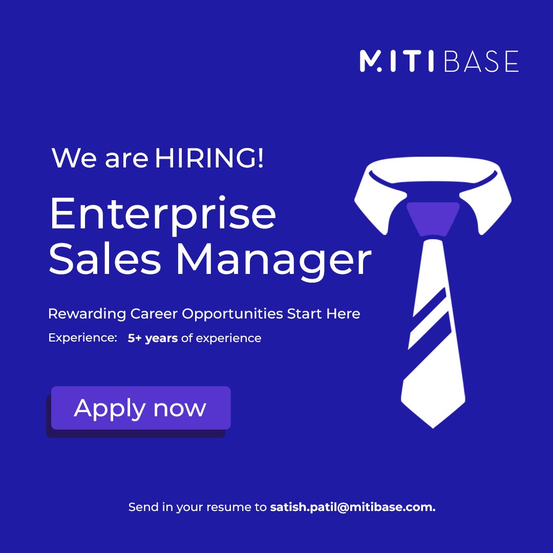 DataGeekSatish's tweet photo. We are looking for an experienced #EnterpriseSalesManager to join our team, who has a demonstrable track record of delivering against revenue targets through innovative sales skills.

If interested - send your resume to satish.patil@mitibase.com

#Hiring #SalesJobs #SaaSSales https://t.co/C27VUsrBK0