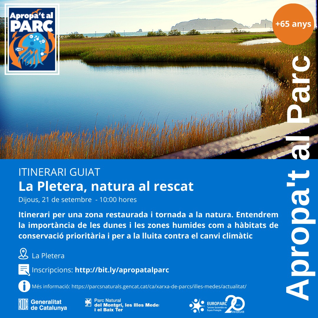 LifePletera's tweet photo. LA PLETERA, NATURA AL RESCAT (+65 ANYS)
Itinerari per una zona restaurada i tornada a la natura.  
📅 Dijous, 21 de setembre
⏰ 10 h hores
👥 Públic: +65 anys
📍 L'Estartit - La Pletera
📎Inscripcions: https://t.co/EYCkixdC02 
#PNMontgrí #apropatalparc #paisatgesdelMediterrani https://t.co/kelyKZPJ4k