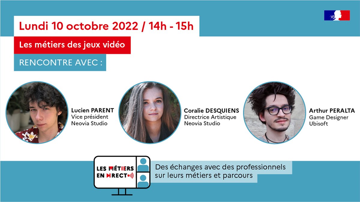 Onisep's tweet photo. #équipeséducatives➡️#Onisep propose à vos élèves de la 4e à la 1re, les #métiersendirect sur "Les #métiers des jeux vidéos"  avec 3 professionnels inspirants et passionnés  📅LUNDI 10 OCTOBRE🕓14h/15h
Inscription 👉https://t.co/cxv3rNV0nW
#orientation #collège #lycée #jeuxvidéo https://t.co/z59TIrMgFt