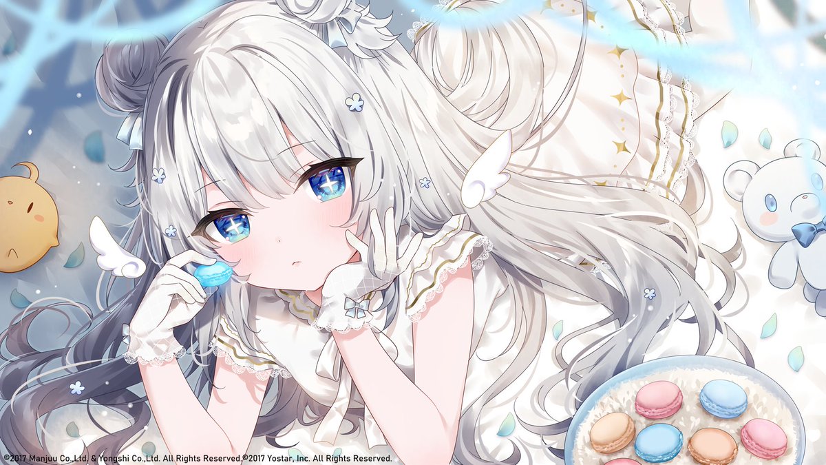 le malin (azur lane) 1girl double bun + + hair bun gloves blue eyes lying  illustration images