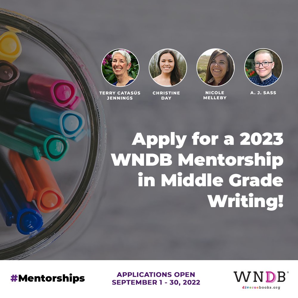 Applications for 2023 WNDB Mentorships are OPEN! ✨📝

We have four mentorships for middle grade writers with @TerryCJennings, @ByChristineDay, @NeekoMelleby, & @matokah. Diverse writers, here's a chance to hone your craft & learn about publishing!

Apply: ow.ly/rkwA50KGU5o