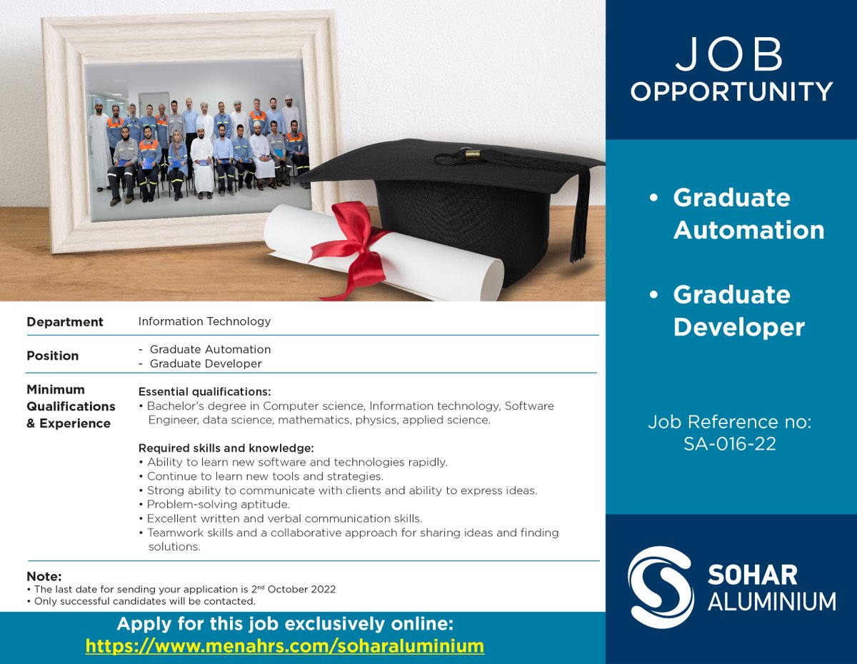 MENAHRSLLC's tweet image. Interested candidate kindly apply on:
menahrs.com/soharaluminium
#jobsinoman #omanjobs #graduatedeveloper #graduateautomation #computerscience #InformationTechnology #SoftwareEngineer #datascience #mathmatics #physics #appliedscience #menahrsllc