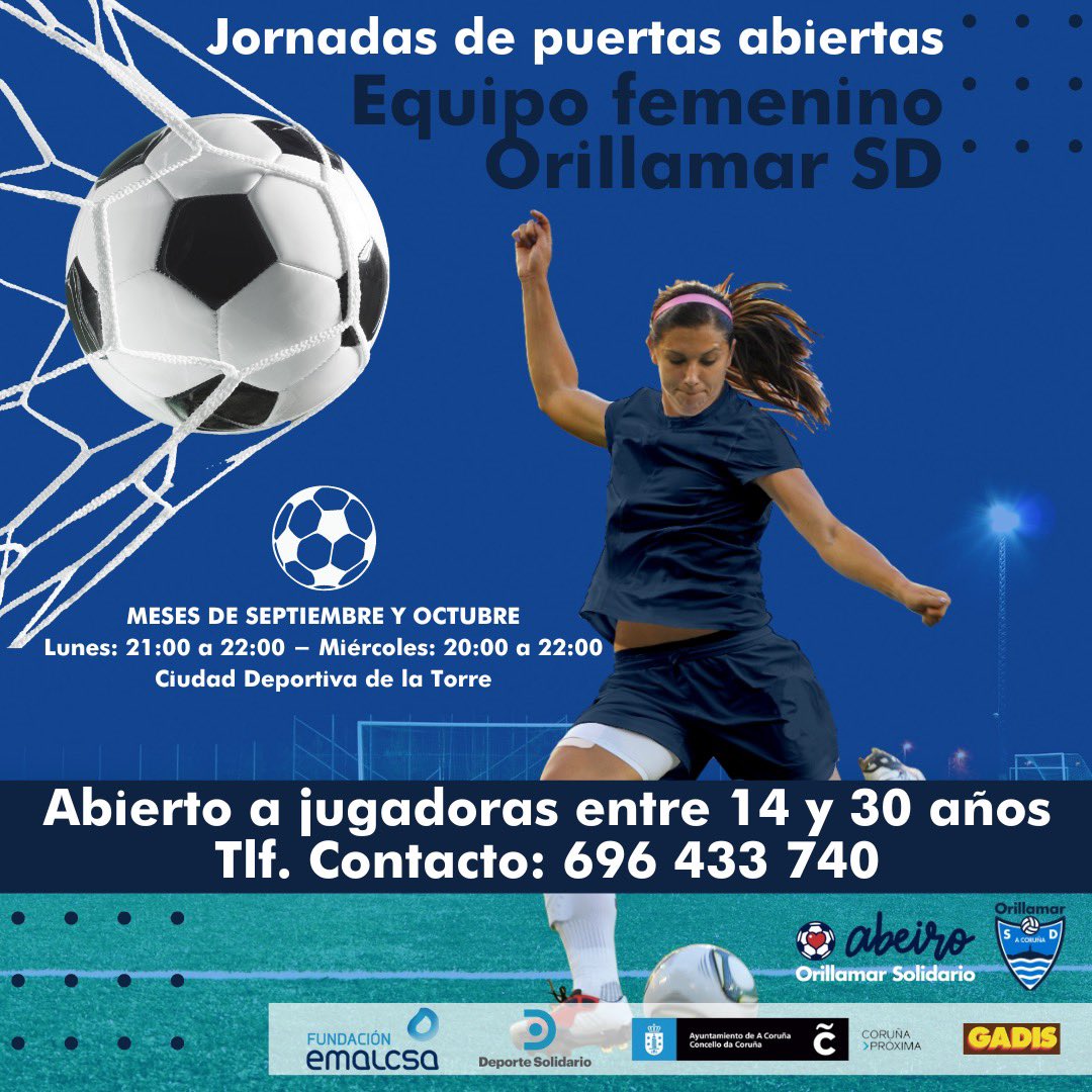 ¿Quieres formar parte de nuestro equipo femenino? ¡Pues puedes venir cuando quieras! 
¿Las fechas? Todos los lunes de 9 a 10 de la noche y los miércoles de 8 a 10
¿Te animas? ¡Te esperamos! 
#orillamarsd_fem #orillamarsd #coruña 
#orilllamarsolidario #fundacionemalcsa  #oabeiro