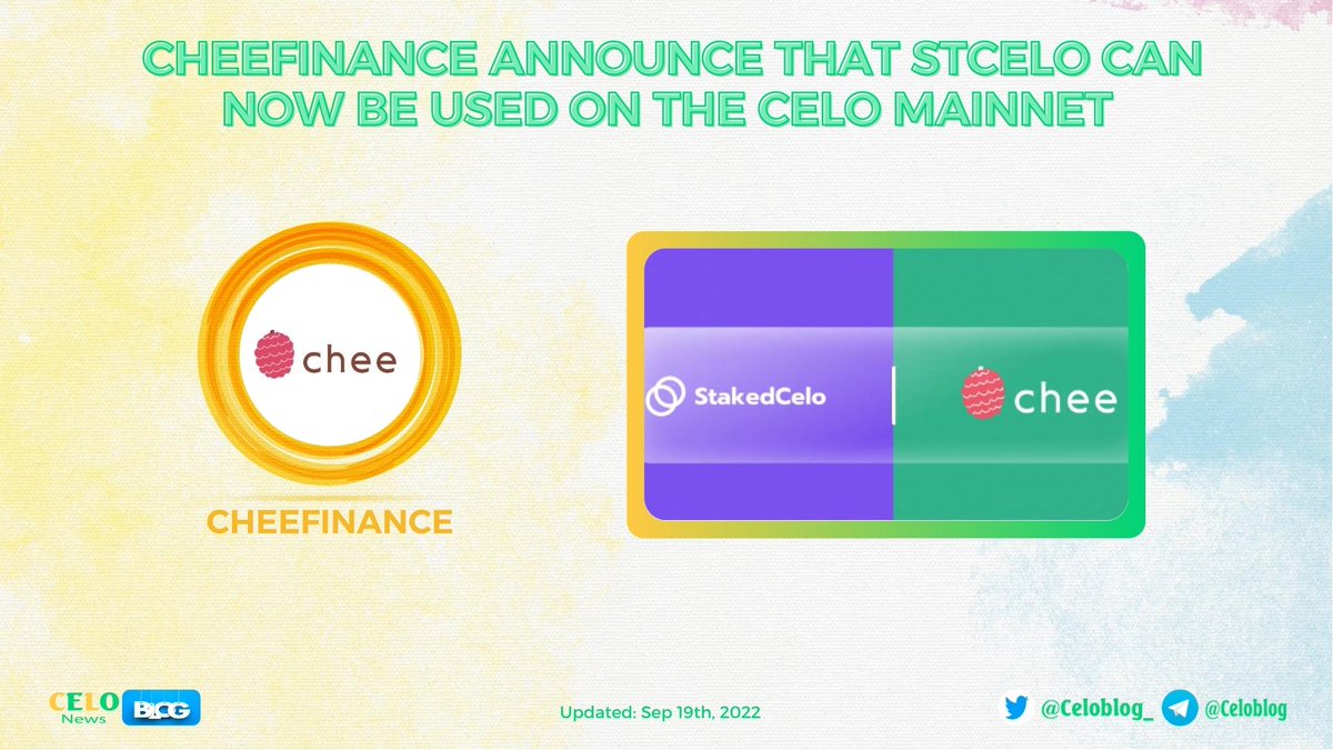 Celoblog_'s tweet image. 🥳 @CheeFinance announce that stCelo can now be used on the #Celo mainnet to actively participate on the Platform

More details:
⛳️ mirror.xyz/cheefinance.et…

#CeloBlog #CELO $CELO