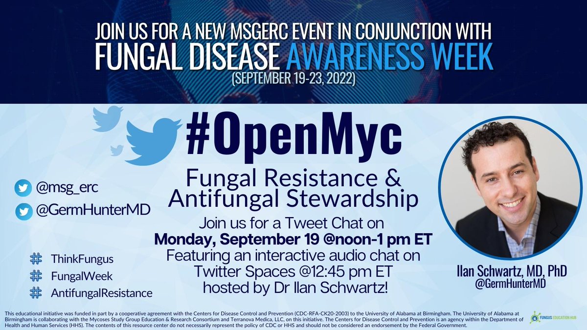 It's #FungalDiseaseAwarenessWeek!

Help us spread the word to #ThinkFungus ♻️

Learn about resources for clinicians, patients, & caregivers: funguseducationhub.org 

Join us today @ noon ET for #OpenMyc Tweetchat on #AntifungalResistance and #AntifungalStewardship