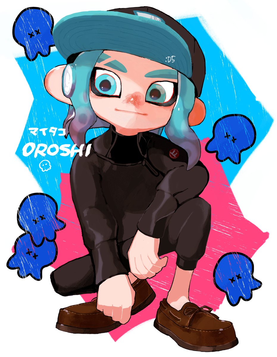 octoling ,octoling girl hat tentacle hair blue hair octarian open mouth ? holding  illustration images