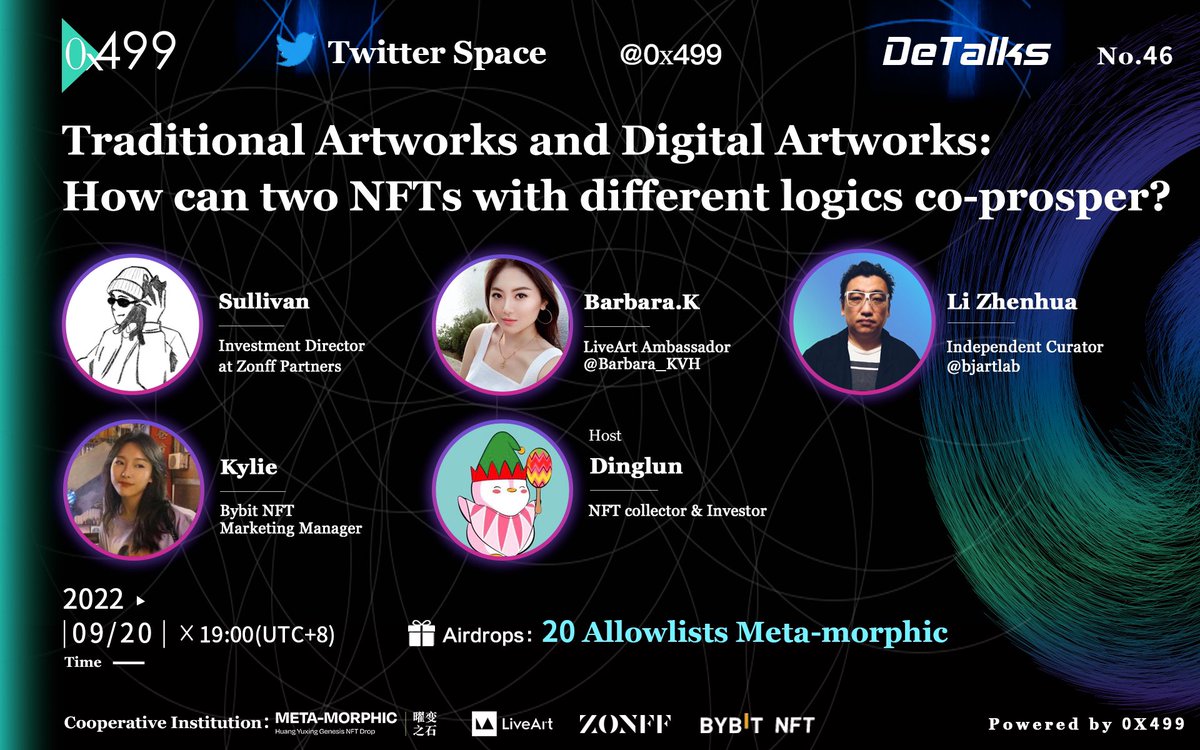 499_Group's tweet photo. 🔥 Traditional Artworks and Digital Artworks: How can two #NFTs with different logics co-prosper?

⏰ 2022.9.20 19:00 pm (UTC+8)

🎙️ @LiveArtX @Barbara_KVH @devicex_w @bjartlab @ZujingZ @dinglunnft 

🎁 20 Allowlists Meta-morphic

🎮 Join DC for Rewards
https://t.co/lL6TdFewMz https://t.co/p5FVYfMEp9