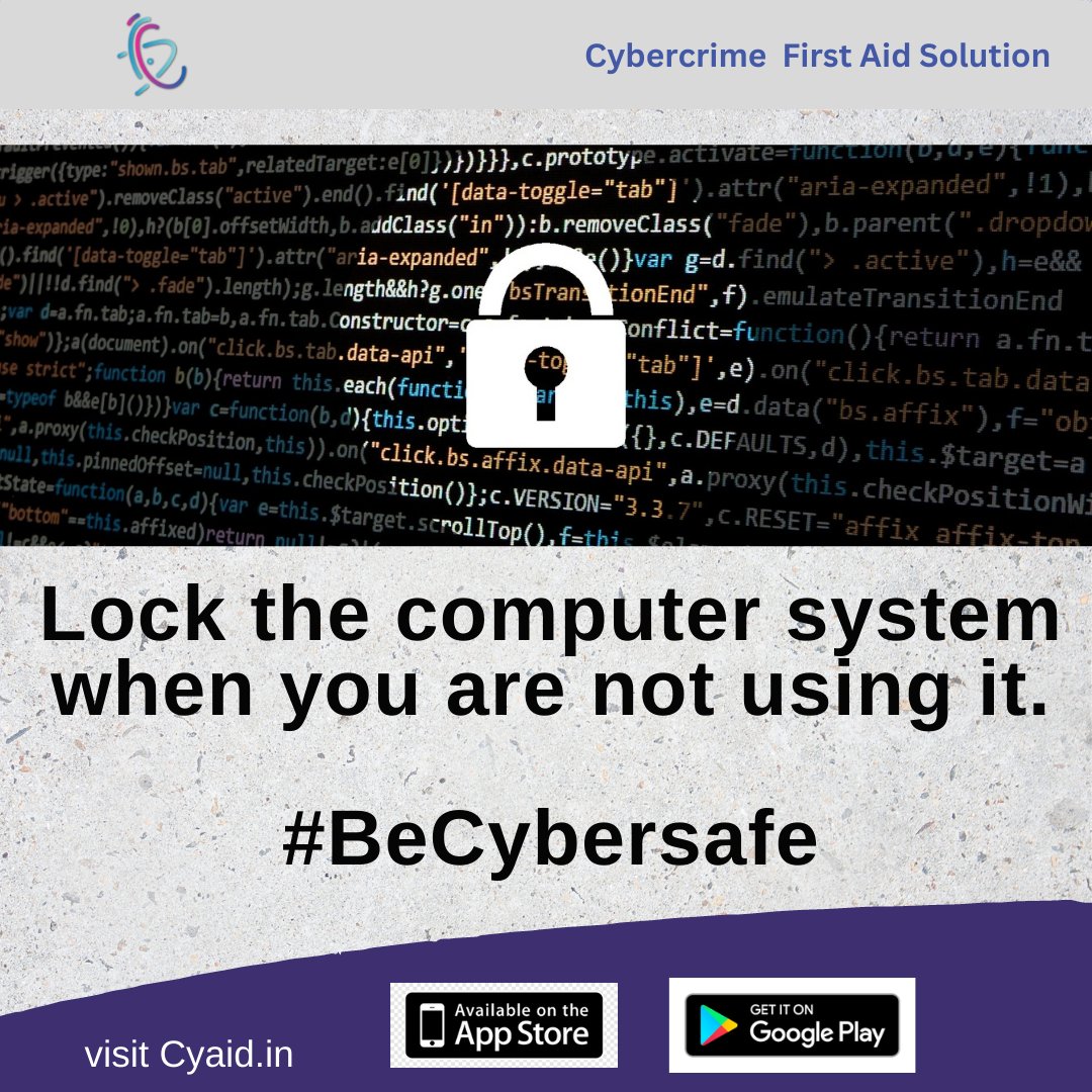 CyaidIndia's tweet image. Cyber Awareness Tip #1
Be vigilant while using your computer.

#BeCyberSafe #CyaidIndia #CyberHelpDesk