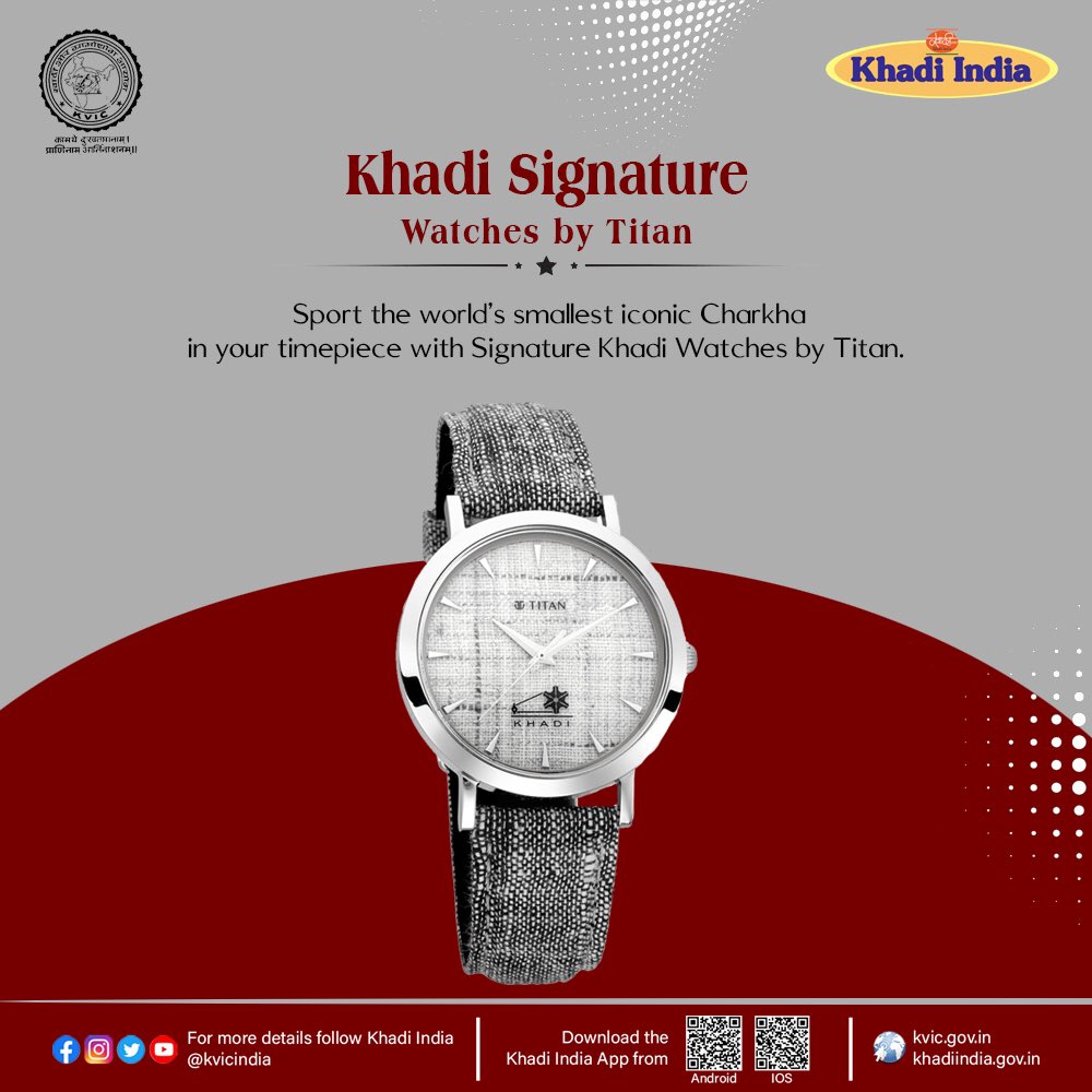 ChairmanKvic's tweet photo. Sport the world's smallest iconic Charkha in your timepiece with Signature Khadi Watches by Titan.
The watches come with Khadi fabric dial in silver metallic body displaying the Charkha.
You can get "Ladies' Watches" from Khadi Outlets or https://t.co/xnCr9NhsU4
#KVIC https://t.co/CWfCaf8oyH
