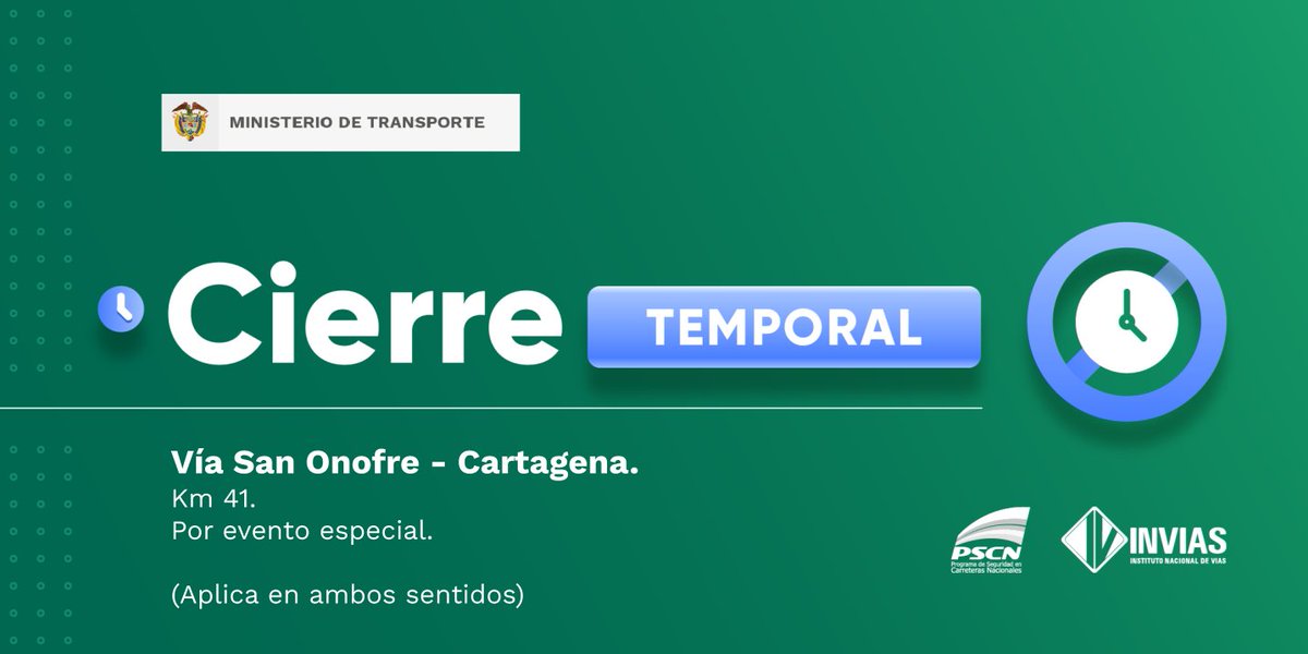 ¡Buenos días!

#NovedadVial en el departamento de #Bolívar, se reporta cierre temporal en el km 41. #EnDesarrollo

Trabajamos para mantenerte informado.
