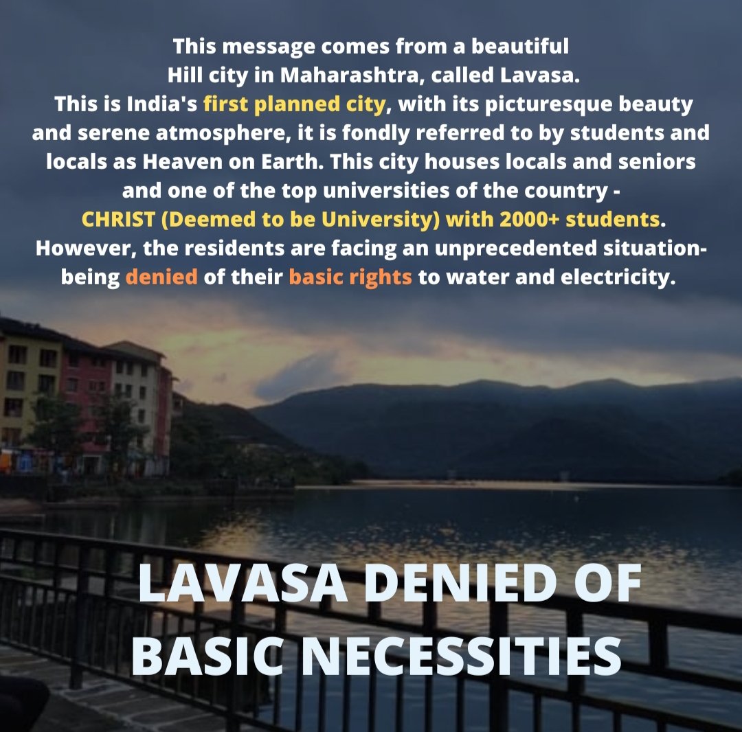 KSMurthy56's tweet photo. BASIC NECESSITIES DENIED FOR RESIDENTS OF LAVASA!
Lavasa City has been cut off from power supply and water. Please spread the message and join the residents of Lavasa in their cause!
#liveablelavasa #studentlife #lavasacity #basicnecessities #liveablelavasa #deniedbasicrights https://t.co/LxWcUgyW9c