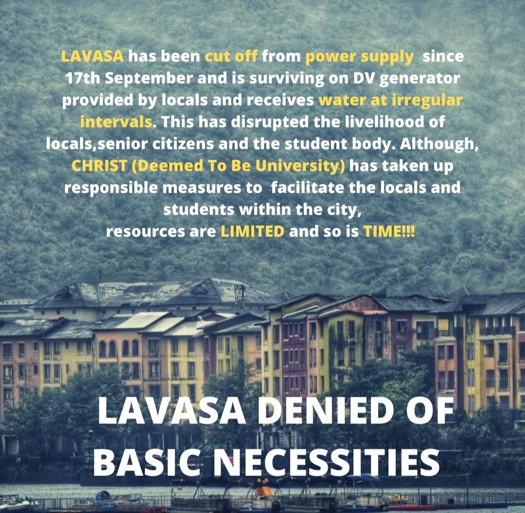 KSMurthy56's tweet photo. BASIC NECESSITIES DENIED FOR RESIDENTS OF LAVASA!
Lavasa City has been cut off from power supply and water. Please spread the message and join the residents of Lavasa in their cause!
#liveablelavasa #studentlife #lavasacity #basicnecessities #liveablelavasa #deniedbasicrights https://t.co/LxWcUgyW9c