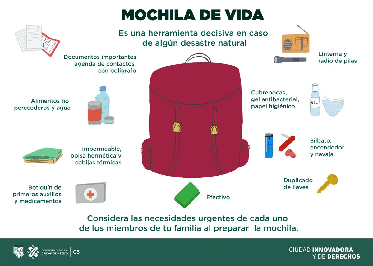 C5_CDMX's tweet photo. 📋✅  ¿Ya revisaste que esté todo dentro de tu Mochila de Vida?  ❤️🎒 ⬇️

⚠️ Mantenerla abastecida puede salvarte en caso de emergencia.

#C5conConfianza #911CDMX #LaPrevenciónEsNuestraFuerza https://t.co/JjTKECuVyw