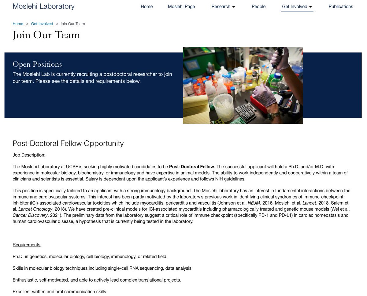 The Moslehi Lab/Section of #CardioOnc &amp; Immunology at <a href="/UCSF/">UC San Francisco</a> is hiring new post-docs interested in the intersection of CV disease &amp; the immune system! Candidate needs to have a PhD or PhD equivalent and basic science experience. Forward CV if interested!

cardiooncologylab.ucsf.edu