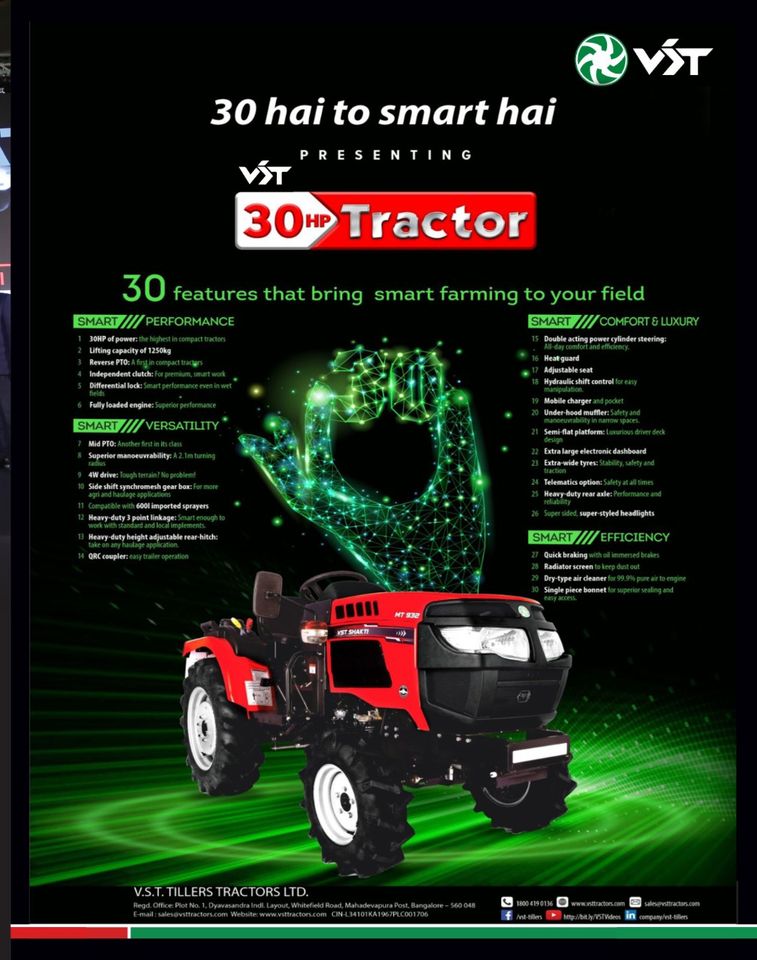 kjkrishimedia's tweet photo. Presenting VST 30 HP Tractor with 30 Features that bring smart farming to your field.
For more details fill the form:
https://t.co/bESwDTlJwt
#VST #vsttractor #agriculture #vsttractor #farming #field #tractor #features https://t.co/tSWuNYM75v