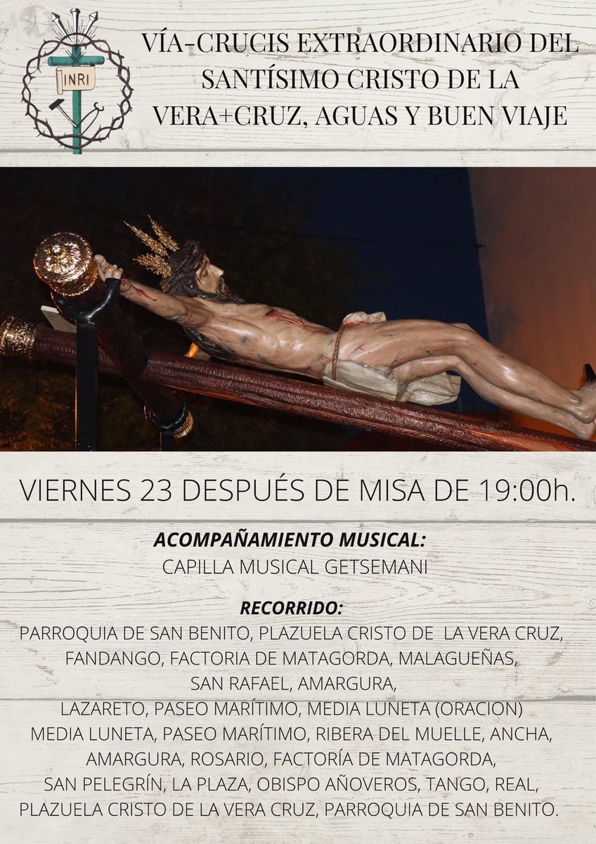 🟢VÍA CRUCIS EXTRAORDINARIO🟢

Este viernes, 23 de septiembre, tendrá lugar un Via Crucis extraordinario con la Imagen del Santísimo Cristo de la Vera Cruz. Rezo dentro de los actos con motivo del 50 aniversario de la reorganización de la Hermandad.