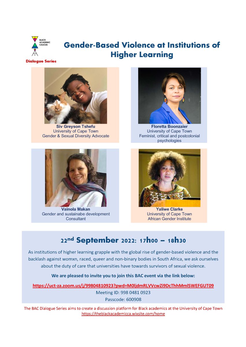 Black Academic Caucus (@bac_uct) on Twitter photo Join our webinar on Gender-Based Violence at Institutions of Higher Learning. You don't wanna miss this. 22nd September 17:00-18:30pm. <a href="/UCT_SRC/">UCT SRC</a> <a href="/UCT_news/">UCT</a> <a href="/UCT_PMF/">#PatriarchyMustFall</a> <a href="/UCTRadio/">UCT Radio</a> <a href="/UCTHealthSci/">UCT Health Sciences</a> <a href="/GenderEquityUWC/">#WeAreGEU</a> <a href="/africangender/">African Gender Insti</a> Join our webinar on Gender-Based Violence at Institutions of Higher Learning. You don't wanna miss this. 22nd September 17:00-18:30pm. <a href="/UCT_SRC/">UCT SRC</a> <a href="/UCT_news/">UCT</a> <a href="/UCT_PMF/">#PatriarchyMustFall</a> <a href="/UCTRadio/">UCT Radio</a> <a href="/UCTHealthSci/">UCT Health Sciences</a> <a href="/GenderEquityUWC/">#WeAreGEU</a> <a href="/africangender/">African Gender Insti</a>