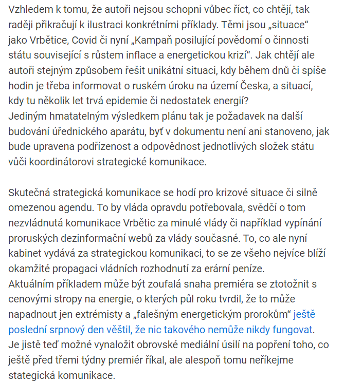 Marek_Baco's tweet photo. Od nynejsi vlady jsem si sliboval konecne opravdovou strategickou komunikaci (kterou imho ted dost potrebujeme). Zlepsi se to? Ackoli jsem ten ramcovej dokument nevidel, pak ty prvni vystupy a komentare z newsletteru #topodstatne (ktere pise @david_klimes) me fakt dost desi :( https://t.co/EsCFYU6A1x