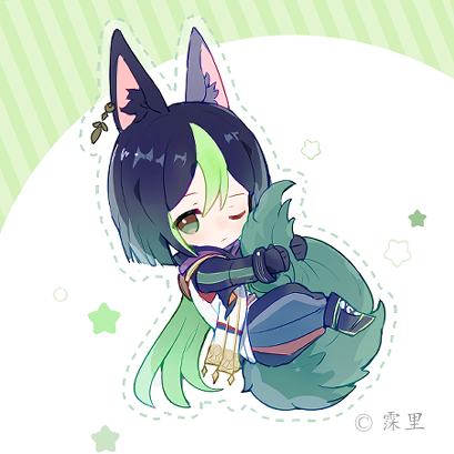 1boy animal ears tail male focus green hair solo chibi  illustration images