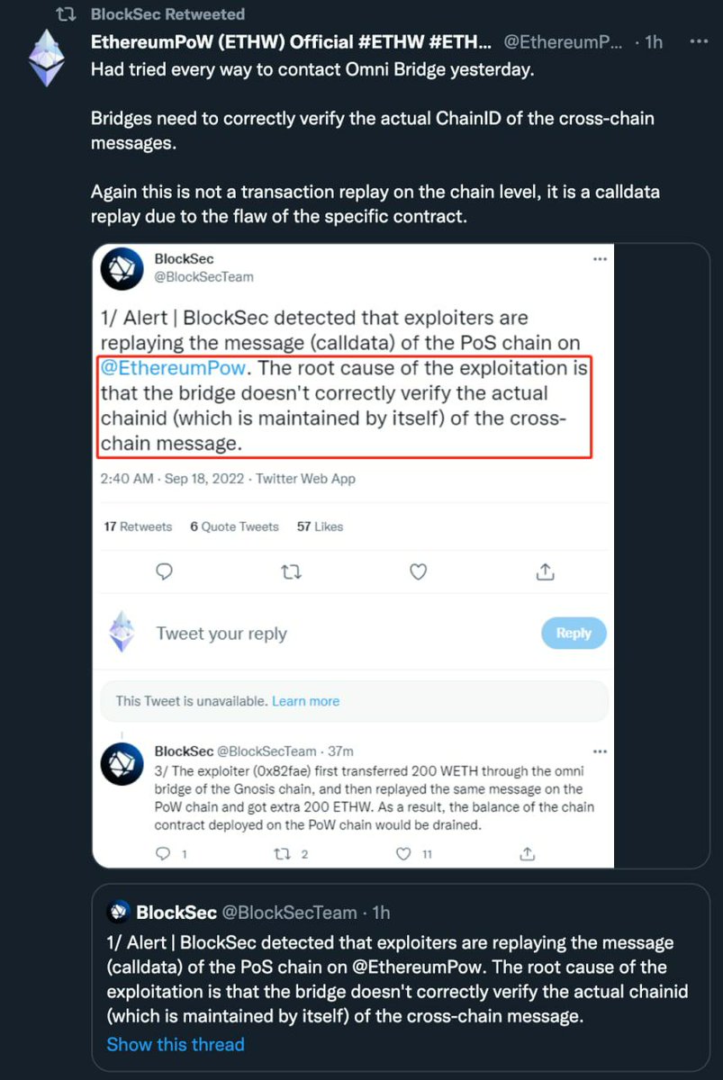 topbindex's tweet photo. #BlockSec detectó que los atacantes están reproduciendo los mensajes de la cadena #ETHPoS en #ETHPoW. Esto se debe a que el puente no verifica correctamente el #ChainID. Como resultado, "el exploit (0x82fae) transfirió inicialmente 200 #WETH a través del puente omnidireccional https://t.co/OGPC0GvJDv