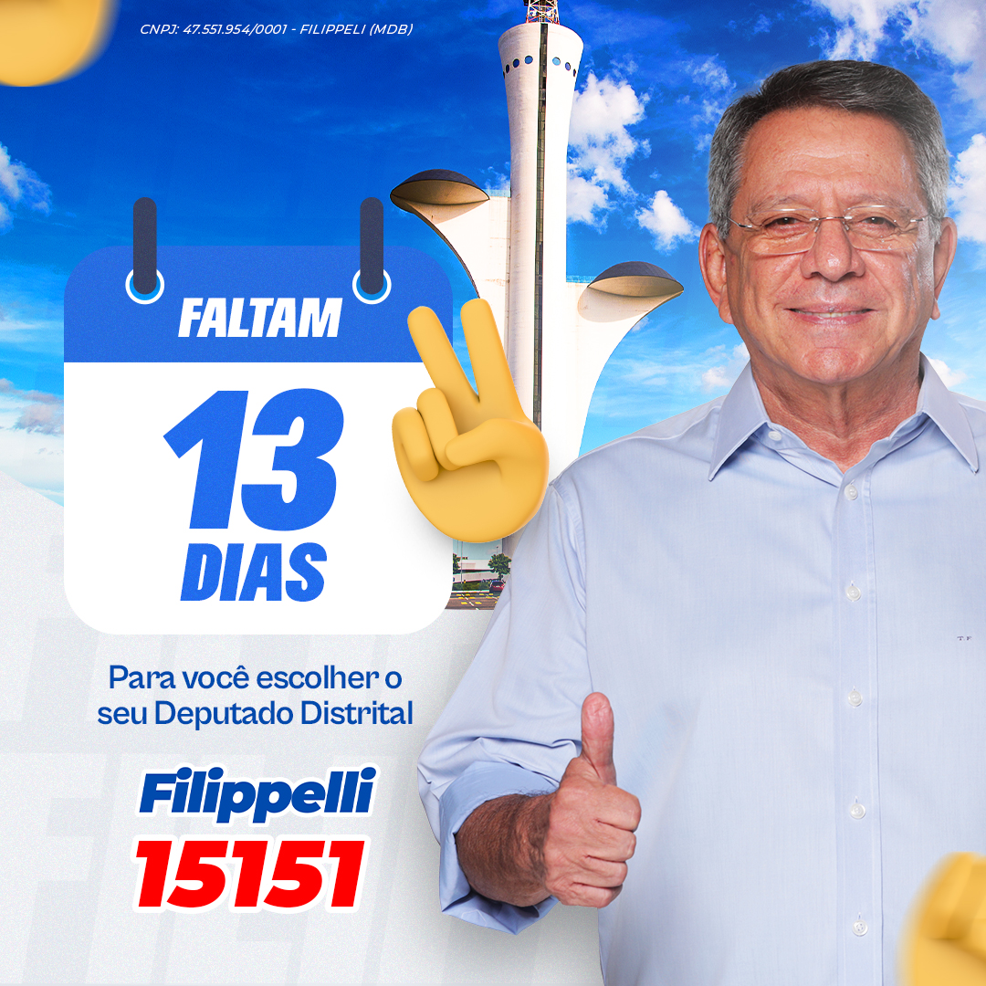 DoFilippelli's tweet photo. Estamos a 13 dias das eleições. Um momento importante da nossa democracia. Exerça com consciência e independência o seu voto. Como deputado distrital, quero fazer mais e melhor do que fiz em toda a minha vida pública. Contem comigo. Distrital é Filippelli, 15151. https://t.co/SEzb5M8uad