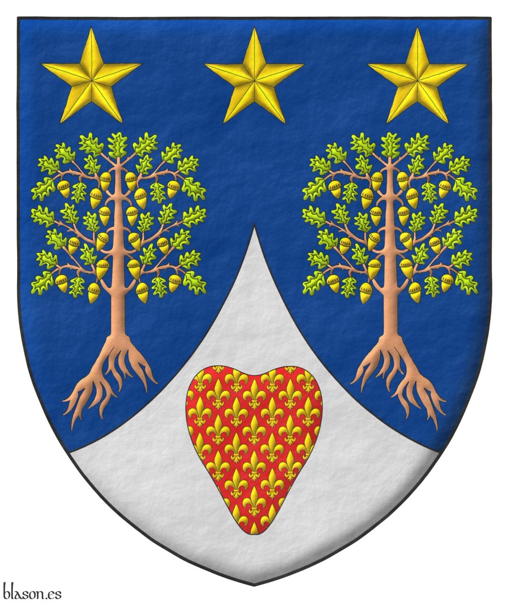 ntoniosalmeron's tweet photo. Arms of Dr. Tariq Abbasi MBE FRSA designed by Vittorio Gifra and emblazoned by me. Blazon: Azure, two oak trees eradicated proper, leaved Vert, fructed Or, in chief three mullets Or; enté en point Argent, a heart Gules semé of fleurs de lis Or. #Oak #Tree #Proper #Leaved #Fructed https://t.co/1ejjB81L9j