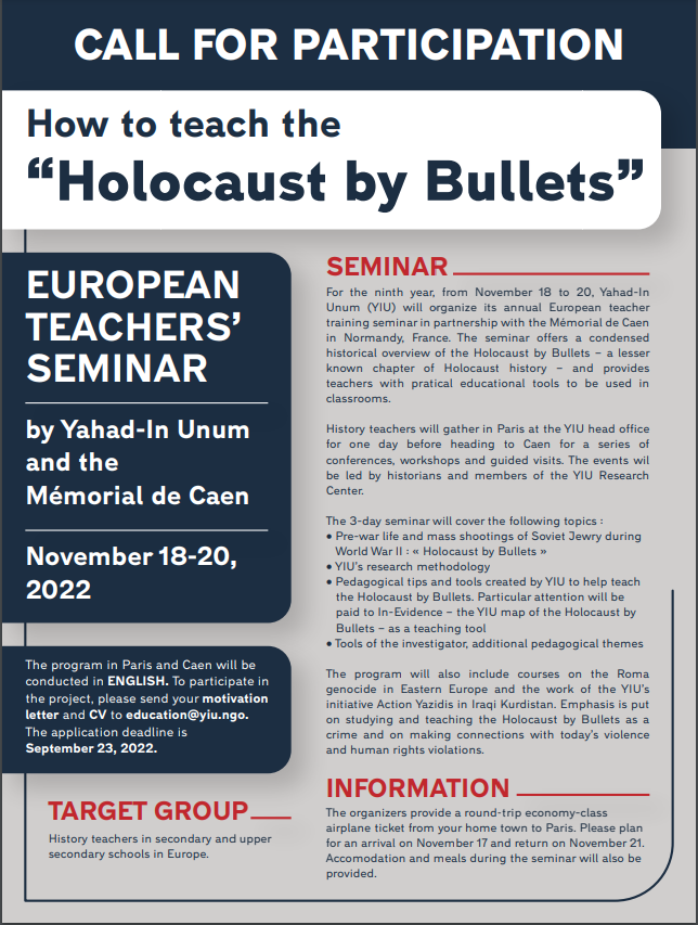 EuroClio's tweet photo. 📣𝗘𝘂𝗿𝗼𝗽𝗲𝗮𝗻 𝗧𝗲𝗮𝗰𝗵𝗲𝗿𝘀' 𝗦𝗲𝗺𝗶𝗻𝗮𝗿 by @yahadinunum &amp; @CaenMemorial!
📒"𝗛𝗼𝗹𝗼𝗰𝗮𝘂𝘀𝘁 𝗯𝘆 𝗕𝘂𝗹𝗹𝗲𝘁𝘀" 
📅 𝗡𝗼𝘃𝗲𝗺𝗯𝗲𝗿 𝟭𝟴-𝟮𝟬 𝟮𝟬𝟮𝟮, 𝗶𝗻 𝗣𝗮𝗿𝗶𝘀 𝗮𝗻𝗱 𝗖𝗮𝗲𝗻
👉 Send applications to 𝗲𝗱𝘂𝗰𝗮𝘁𝗶𝗼𝗻@𝘆𝗶𝘂.𝗻𝗴𝗼 until September 23 https://t.co/SiLf8MDUTb