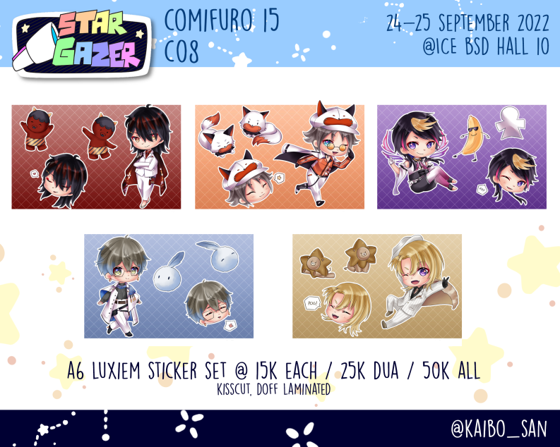 kaibo_san's tweet photo. Reposting here too
I'll be at #comifuro15! I'll be selling Luxiem, Noctyx, and Tempus merch and an original comic.
All available as stickers and keychains, but the keychains are by booking only:
https://t.co/WrTqGo6xd1
I'll be at C-08 both days! See you there~
#comifuro15catalog https://t.co/QRLdvPVEns