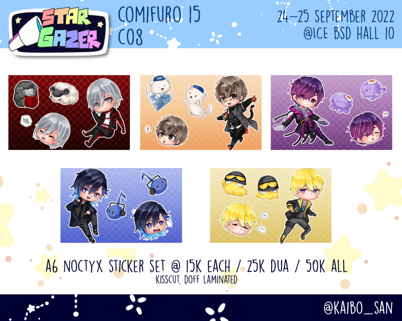kaibo_san's tweet photo. Reposting here too
I'll be at #comifuro15! I'll be selling Luxiem, Noctyx, and Tempus merch and an original comic.
All available as stickers and keychains, but the keychains are by booking only:
https://t.co/WrTqGo6xd1
I'll be at C-08 both days! See you there~
#comifuro15catalog https://t.co/QRLdvPVEns