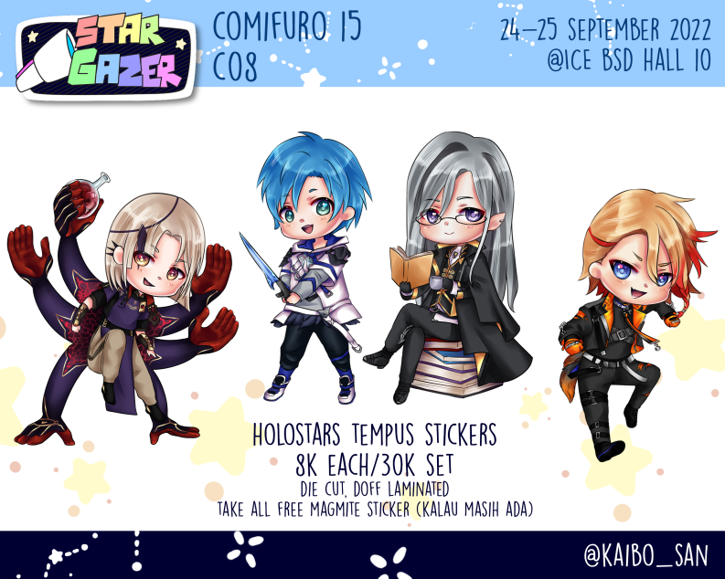 kaibo_san's tweet photo. Reposting here too
I'll be at #comifuro15! I'll be selling Luxiem, Noctyx, and Tempus merch and an original comic.
All available as stickers and keychains, but the keychains are by booking only:
https://t.co/WrTqGo6xd1
I'll be at C-08 both days! See you there~
#comifuro15catalog https://t.co/QRLdvPVEns