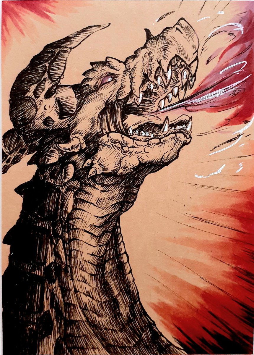 「ハガキサイズに黒ペンでドラゴン描きました!!"(⌯¤̴̶̷̀ω¤̴̶̷́)✧#う」|九尾のキタキツネ@絵とドール制作の狐のイラスト