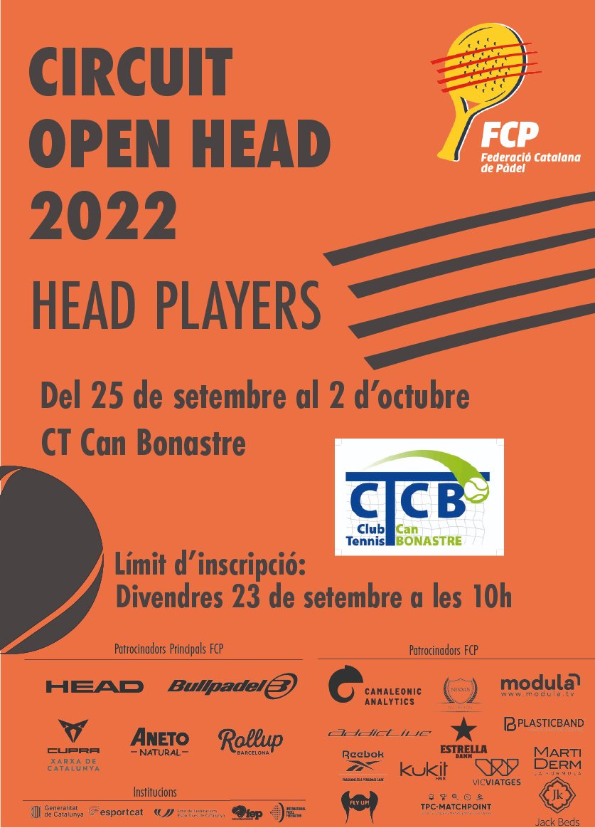 FCatalanaPadel's tweet photo. 🚨 ATENCIÓ
⚠️ INSCRIPCIONS OBERTES ⚠️
Fins divendres a les 10h

🏆 Circuit Open Head #OpenFCP
@HEAD_PADEL
🏆 Circuit Català de Menors
🏆 Circuit Pàdel en Cadira Reebok Fragrances

📍Padel Indoor Figueres
📍CT Valls
📍CT Can Bonastre

➡️ https://t.co/T3CMHGicjt

#FCP #padelcatalà https://t.co/fZ4OR3u6SX
