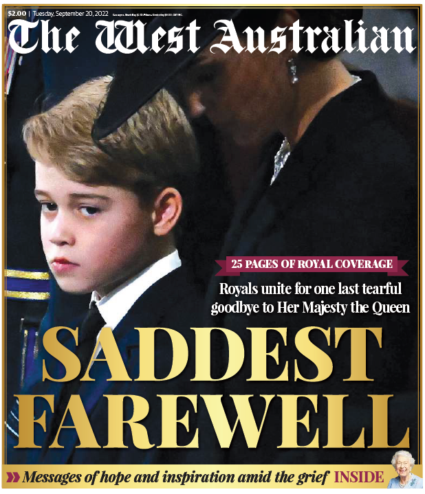 AnthDeCeglie's tweet photo. Early edition front (and back) of tomorrow's 12-page Queen's funeral pictorial special plus the inside front page of The West Australian https://t.co/IPqMZ3QMxV