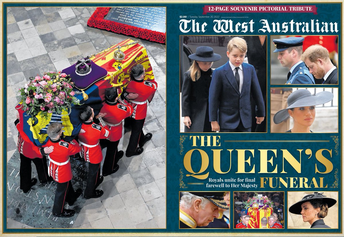 AnthDeCeglie's tweet photo. Early edition front (and back) of tomorrow's 12-page Queen's funeral pictorial special plus the inside front page of The West Australian https://t.co/IPqMZ3QMxV