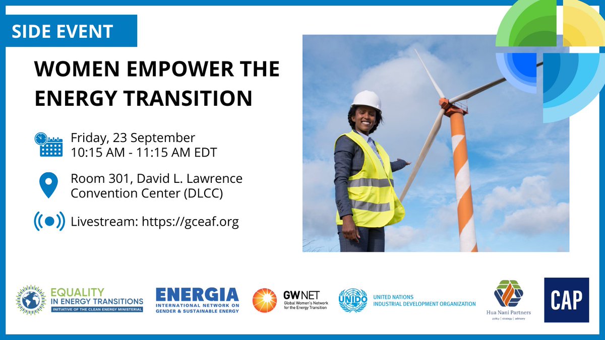 Are you going to #Pittsburgh👀? So is the #GenderEnergyCompact!

We welcome you to the #GCEAF side event 'Women #Empower the #Energy Transition' that will delve into the need to ⬆️ women’s participation in the #clean #energysector.

More information 👉 bit.ly/3qMJI0b