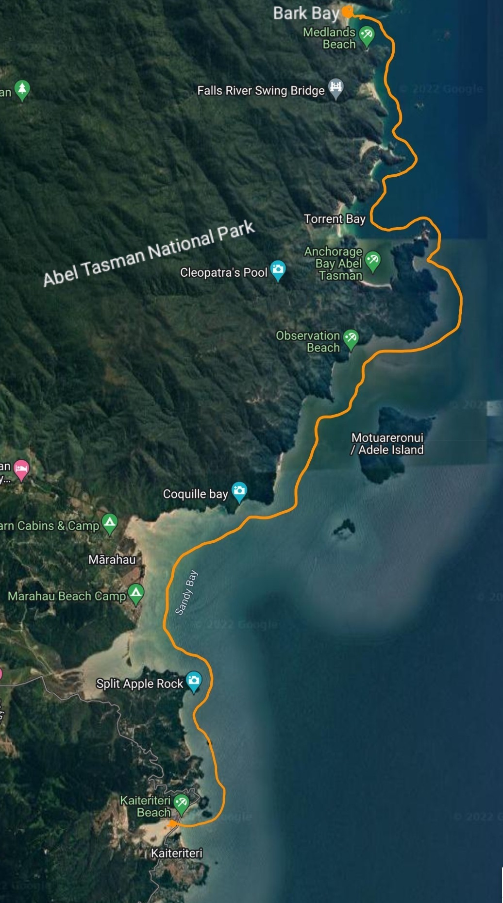 Map of kayaking route thru Abel Tasman 