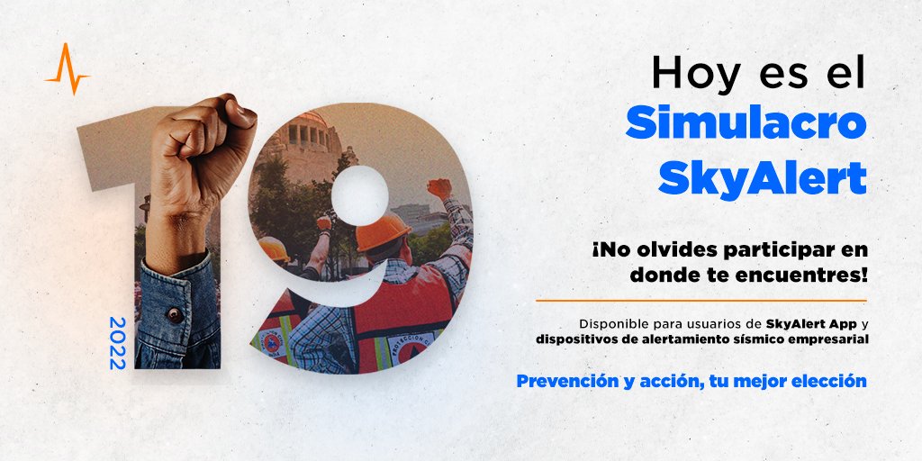 SkyAlertMx's tweet image. ¡El #SimulacroSkyAlert se realizará hoy a las 12:19 p.m.!

Tu colaboración en este ejercicio nacional es muy importante. 

Recuerda que participan dispositivos receptores (empresas) y SkyAlert app (uso personal).

#LaAlertaConfiable