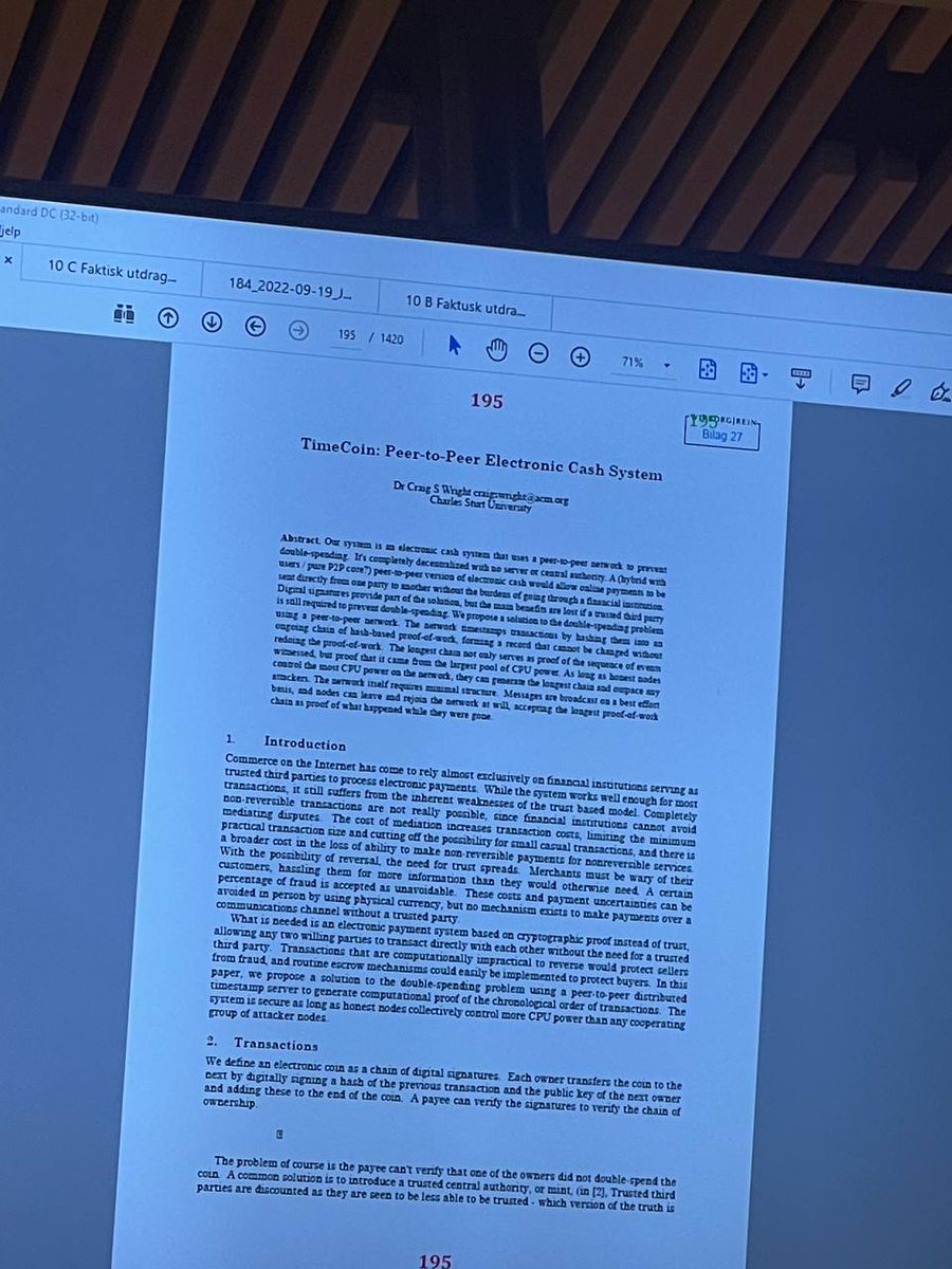 TimeCoin White Paper dated May 6th, 2008. (Photo taken by a Norwegian BitCoiner $bardia live tweeting from the court room. Tips welcome. Court 🇳🇴 permission given.)