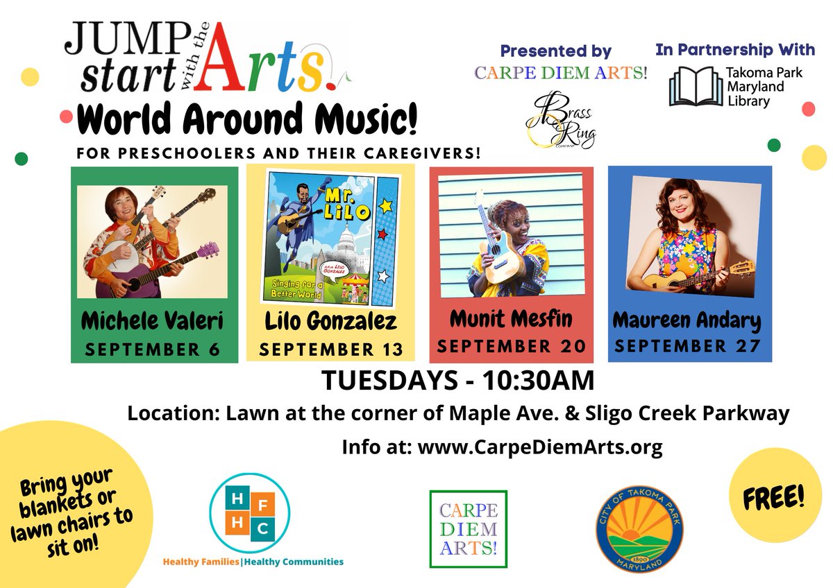 Tuesday 9/20 at 10:30 am
Music - Munit Mesfin
Weather - gorgeous
Come out &amp; enjoy some music with your little ones! In the park at the corner of Sligo Creek Parkway &amp; Maple Ave, near Essex House--a few blocks from the Library and Community Center. Bring a lawn blanket or chairs.