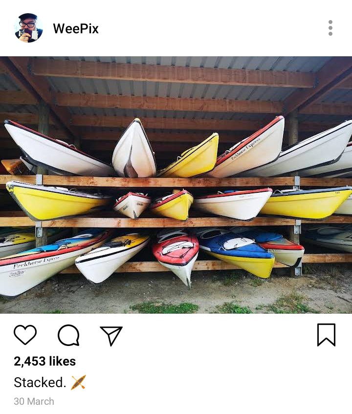 John's IG: Pic of Kayaks stacked on shelves

Caption: Stacked. 🛶