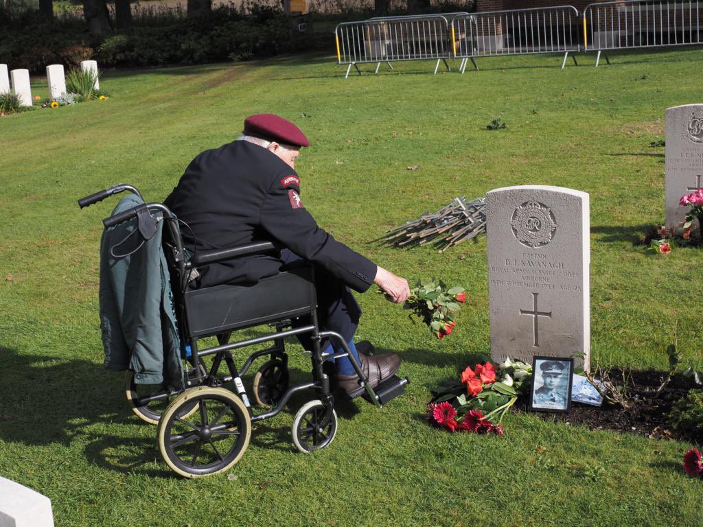 TaxiCharity's tweet photo. This morning before we left the Netherlands we took 103 year old Arnhem veteran Ray Whitwell to the @CWGC in Oosterbeek to lay flowers on the grave of his friend. https://t.co/HrxjCOIHjq