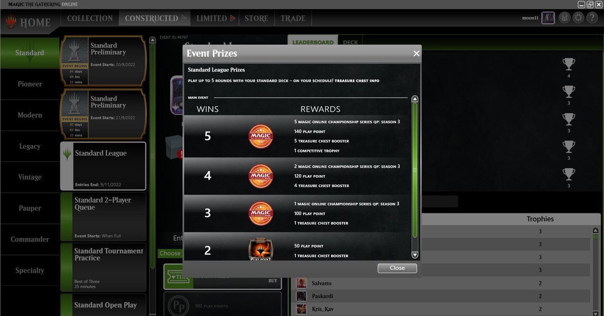 r_luna11's tweet photo. It is really very bad that the standard league prizes have not returned as in the other leagues since the system was changed to end the wintraders, especially because this weekend there is a showcase of this format. Will there be any soon modification to this? @MagicOnline https://t.co/r8L2XEkKfX