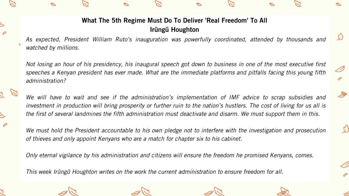 AmnestyKenya's tweet photo. What is needed to ensure freedom for all from the current administration? @irunguhoughton lays this all out in our #AmnestyRead on what must be tackled and why citizens must be vigilant and hold the government accountable. https://t.co/S2c1DhfzJb https://t.co/xbk28237Np
