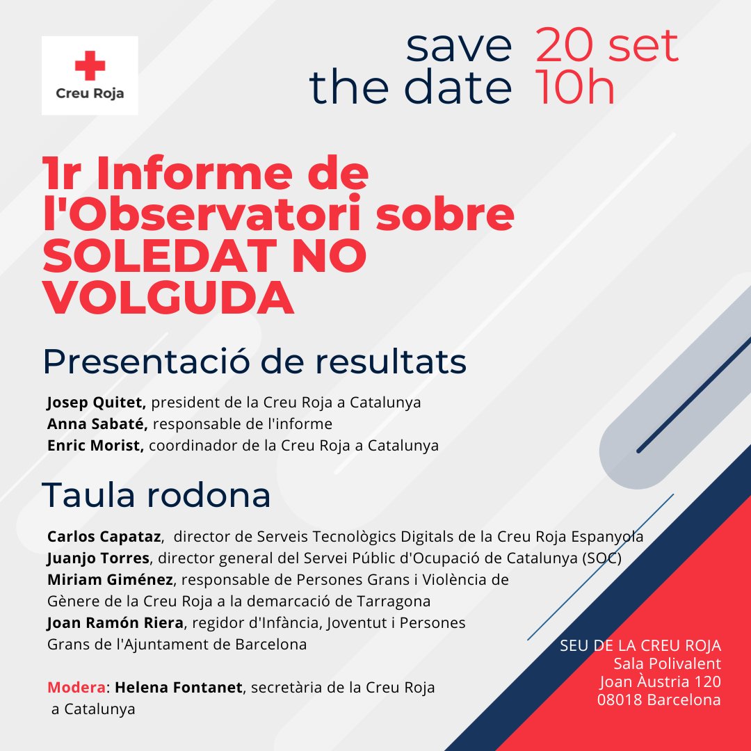 CreuRojaCAT's tweet photo. Demà a partir de les 10h presentem el 1r Informe de L'Observatori sobre​ "Soledat no volguda". T'esperem a través del nostre canal de Youtube i Linkedin: https://t.co/lz1dBipr9W #InformeSoledat https://t.co/ypujekY5Sh