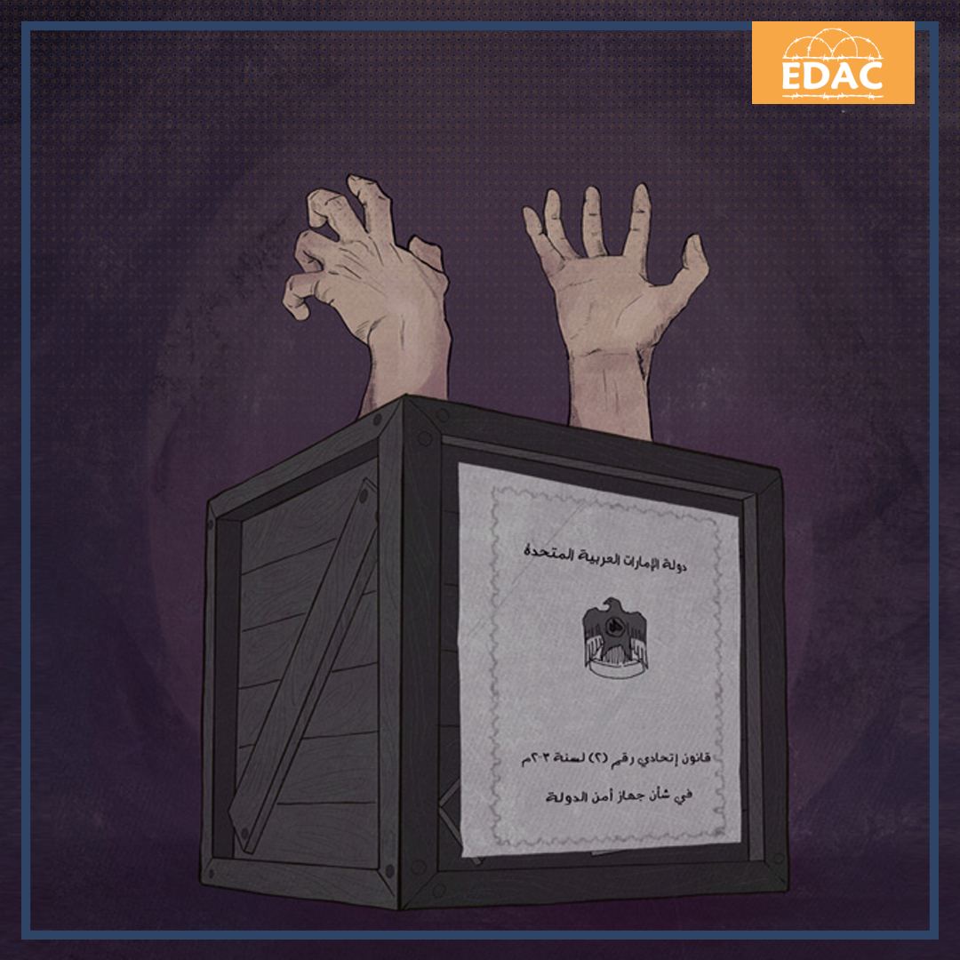 EDAC_EN's tweet photo. The #StateSecurityService in the UAE has absolute powers not subject to censorship, which authorities use to detain political opponents & individuals who express opinions contrary to the ruling regime, indefinitely and according to procedures that violate #internationallawday https://t.co/uT5qGKvfLt