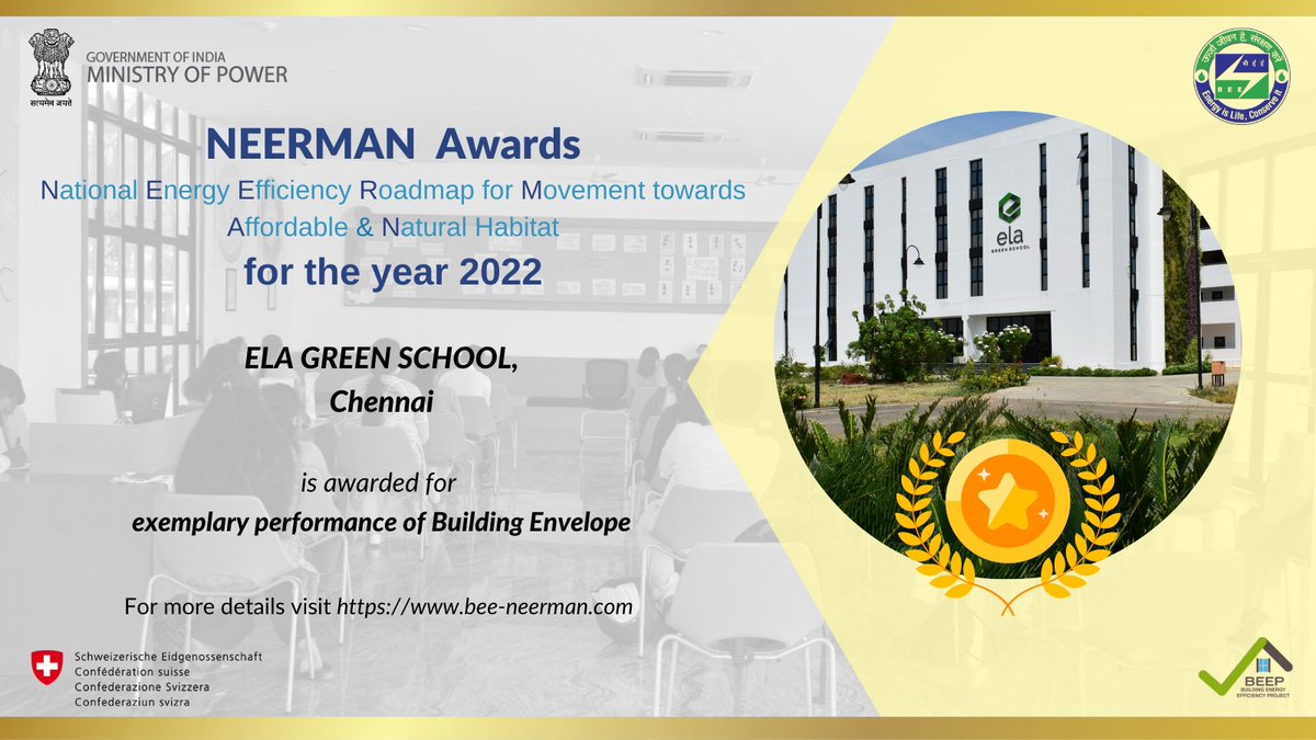 AwardsNeerman's tweet photo. ‘Ela Green School’ #building at #chennai was awarded under the ‘Exemplary performance of Building Envelope’ by the jury for @beeindiadigital @NEERMAN Awards at ANGAN 2022 on 15th of September 2022.

Congratulations to the @ElaGreenSchool team for the feat!

#energy #Sustainable https://t.co/hBEoXwmZ0F