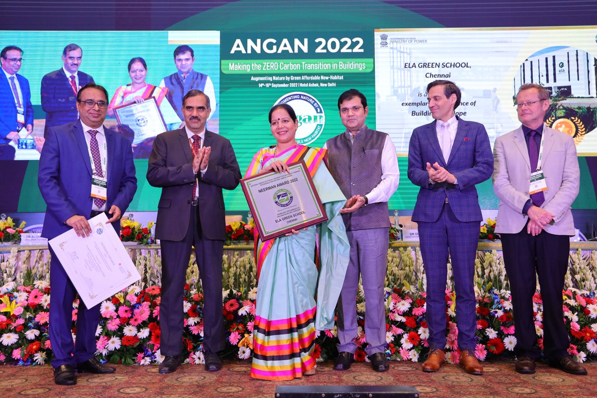 AwardsNeerman's tweet photo. ‘Ela Green School’ #building at #chennai was awarded under the ‘Exemplary performance of Building Envelope’ by the jury for @beeindiadigital @NEERMAN Awards at ANGAN 2022 on 15th of September 2022.

Congratulations to the @ElaGreenSchool team for the feat!

#energy #Sustainable https://t.co/hBEoXwmZ0F