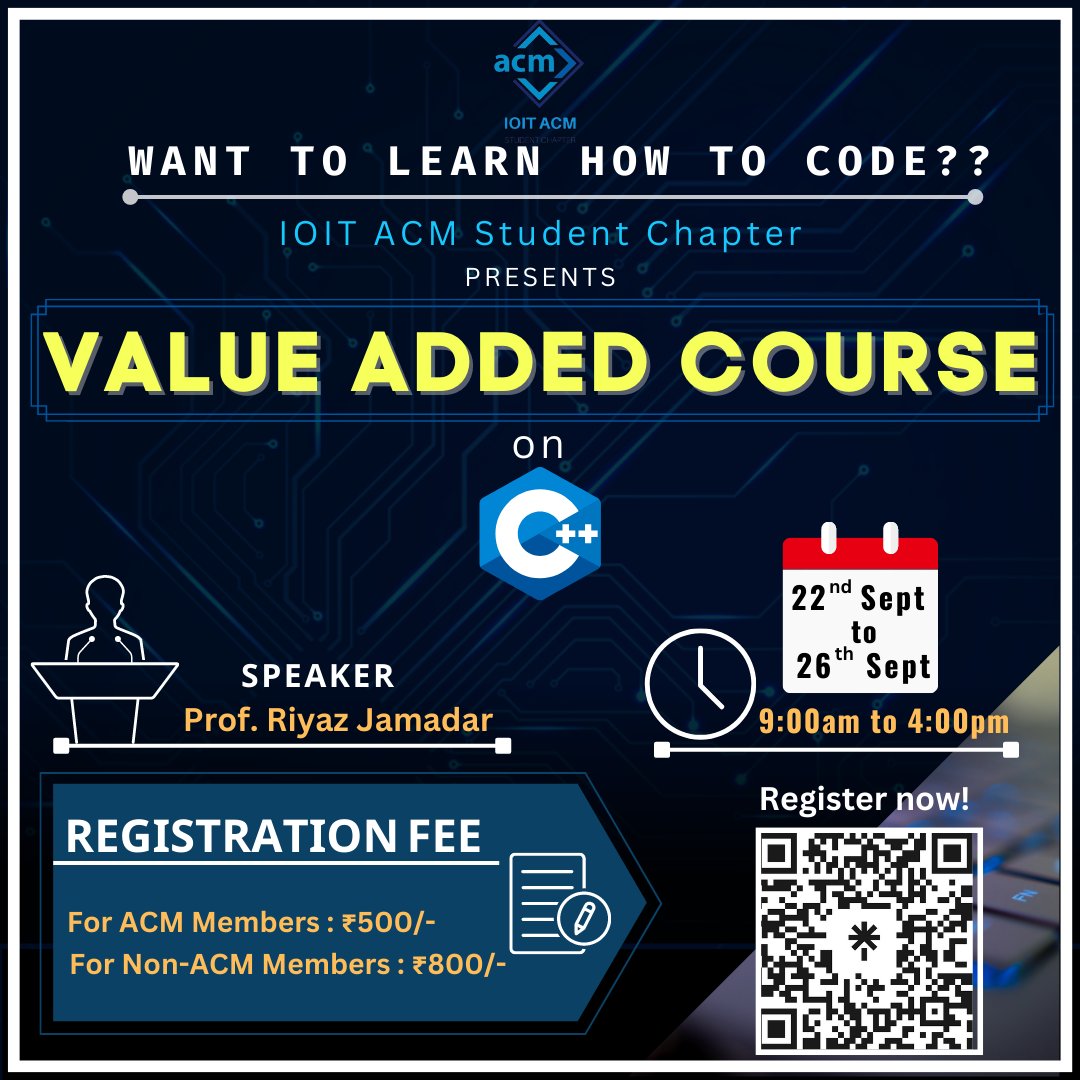 IOIT_ACM's tweet photo. Do you want to learn how to code?🧐
Here's a way💻
@IOIT_ACM Student Chapter brings you #Value_Added_Course on #C++
Now learn C++ from a #beginner_level and boost your coding skills✨
Registration link: https://t.co/DhUrm0daLi
#Coding #cpp #beginner #learning #acm #acmioit https://t.co/ms72ktQgc5